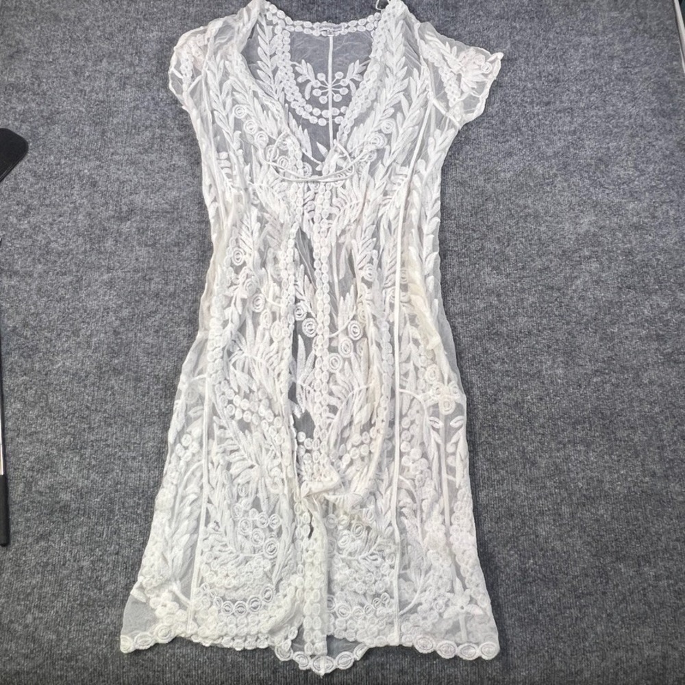 White Sheer Embroidered Lace Beach Cover Up Dress Women Boho Swim Resort Maxi OS